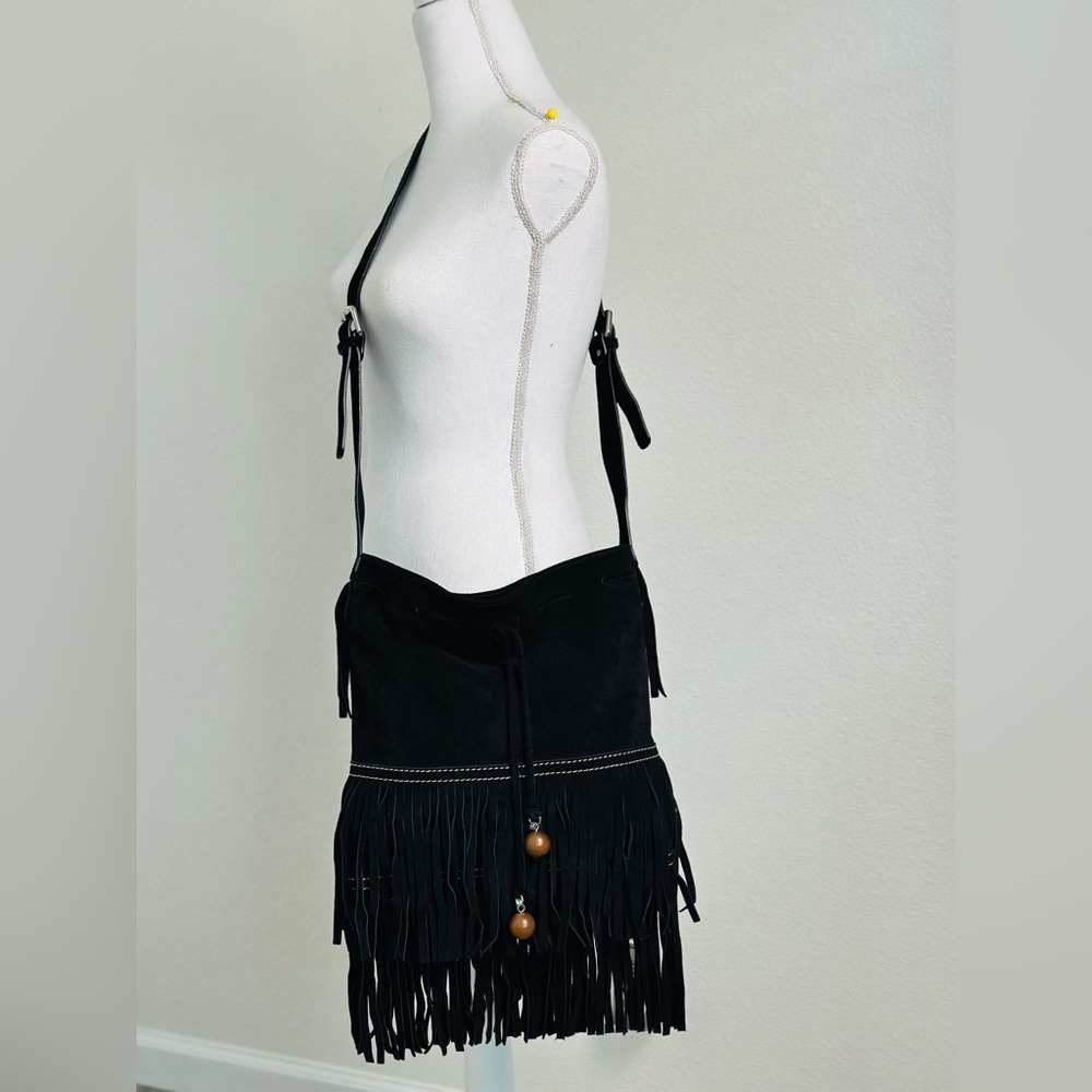 True Religion Suede Fringe Crossbody Bag in Black Medium Size
